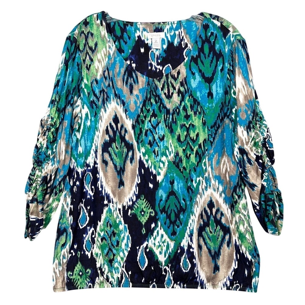 Chico's Womens Ikat Print Blouse Size L Blue Green Ruched 3/4 Sleeve Scoop Neck - Picture 2 of 7